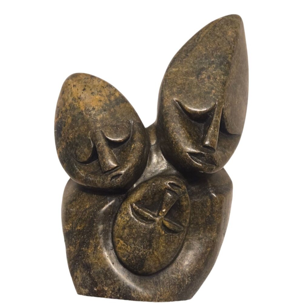 Carved Stone Family Sculpture Trio Statue Home Decor Carving 8 inch